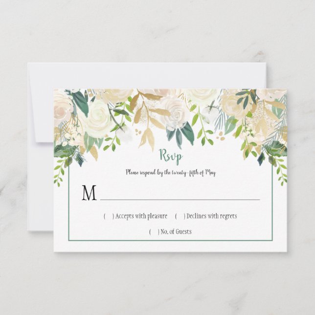 Cream White Roses Glitter Greenery RSVP | (Front)