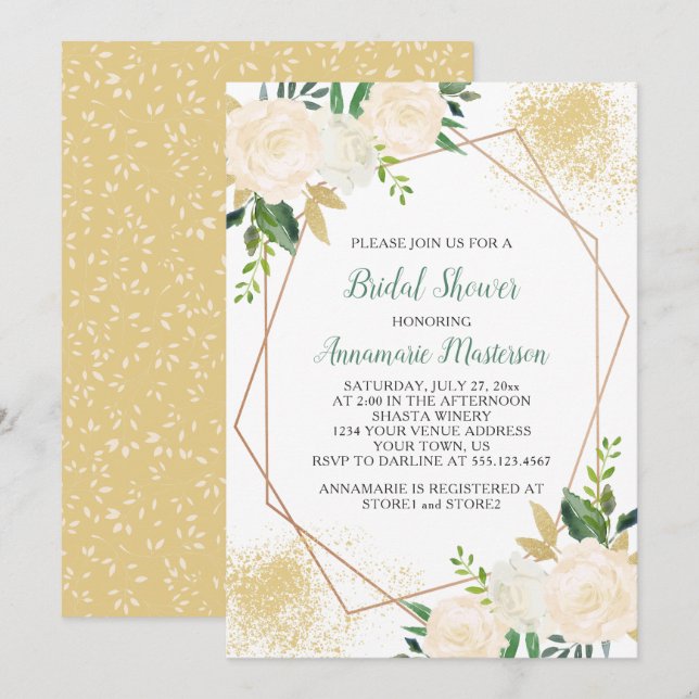 Cream White Roses Greenery Geometric Bridal Shower Invitation (Front/Back)