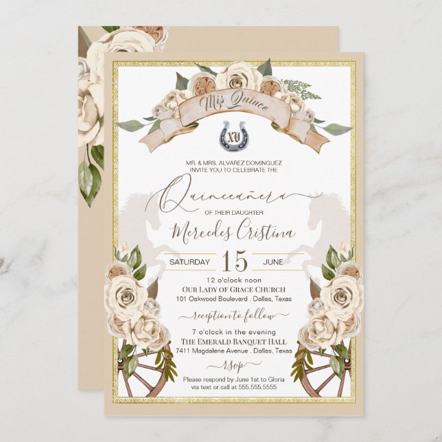 Cream White Roses Western Charro Quinceanera Invitation (Front/Back)