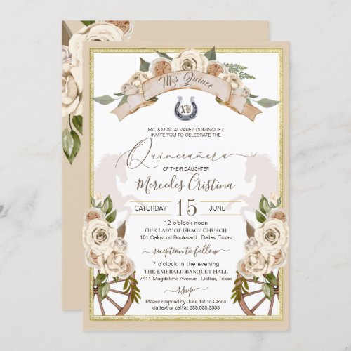 Cream White Roses Western Charro Quinceanera Invitation