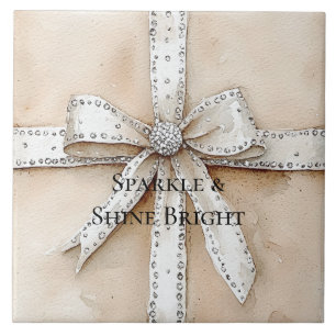 Cream White Silver Glitzy Glam Bow Birthday Ceramic Tile