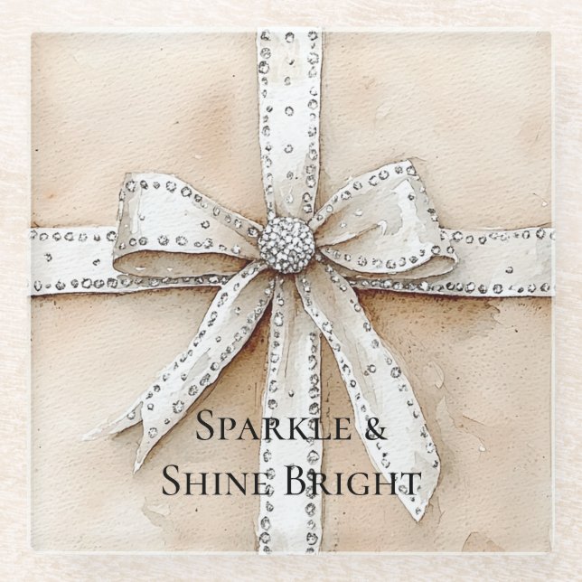 Cream White Silver Glitzy Glam Bow Birthday Glass Coaster (Front)
