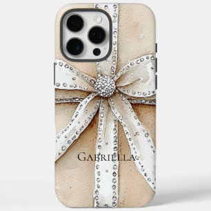 Cream White Silver Glitzy Glam Bow iPhone 16 Pro Max Case