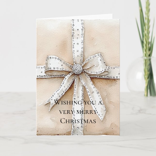 Cream White Silver Glitzy Glam Bow Christmas Card (Front)