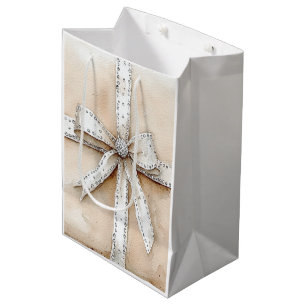 Cream White Silver Glitzy Glam Bow Christmas Medium Gift Bag