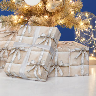 Cream White Silver Glitzy Glam Bow Christmas Wrapping Paper