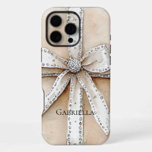 Cream White Silver Glitzy Glam Bow iPhone 16 Pro Max Case