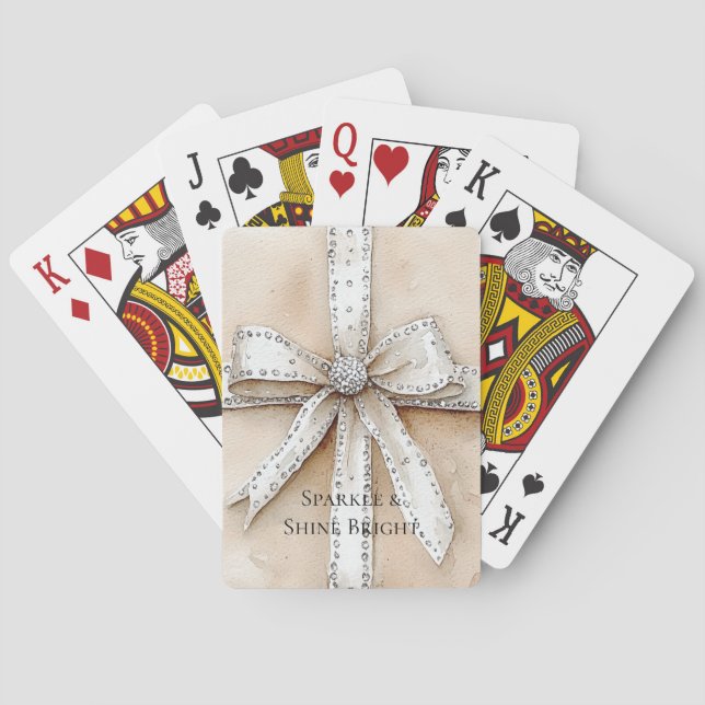 Cream White Silver Glitzy Glam Bow Poker Cards (Back)