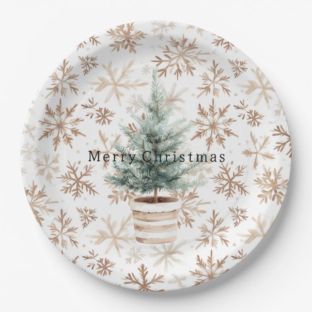 Cream White Snowflakes Christmas Tree  Paper Plates (Front)