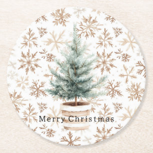 Cream White Snowflakes Christmas Tree  Round Paper Coaster