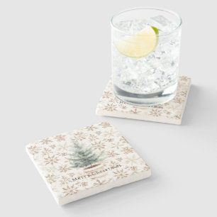 Cream White Snowflakes Christmas Tree  Stone Coaster