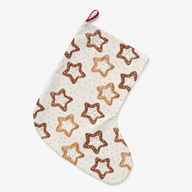 Cream White Stars Christmas Large Christmas Stocking (Front (Hanging))