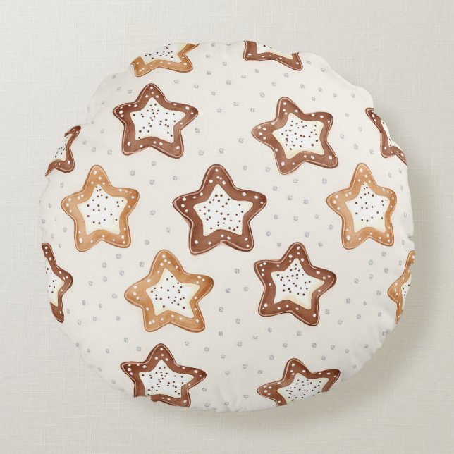 Cream White Stars Christmas Round Pillow (Front)