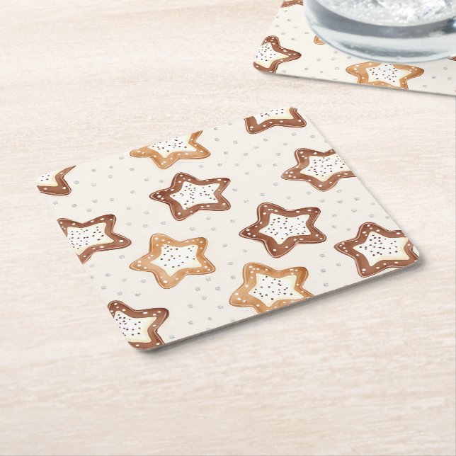 Cream White Stars Christmas Square Paper Coaster (Angled)