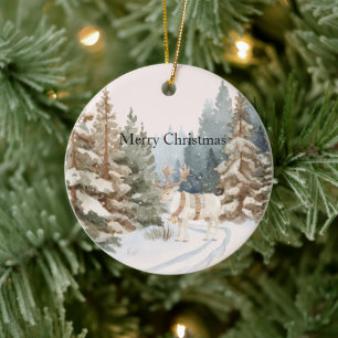 Cream White Stripes Deer Christmas Trees Ceramic Ornament