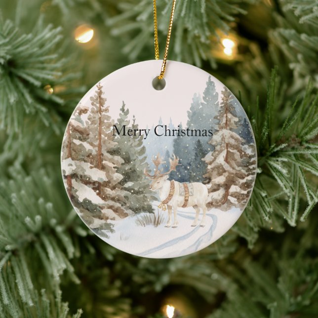 Cream White Stripes Deer Christmas Trees Ceramic Ornament (Tree)