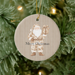 Cream White Stripes Santa Christmas Ceramic Ornament