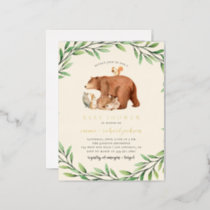 Cream Woodland Greenery Forest Animals Baby Shower Foil Invitation Postcard