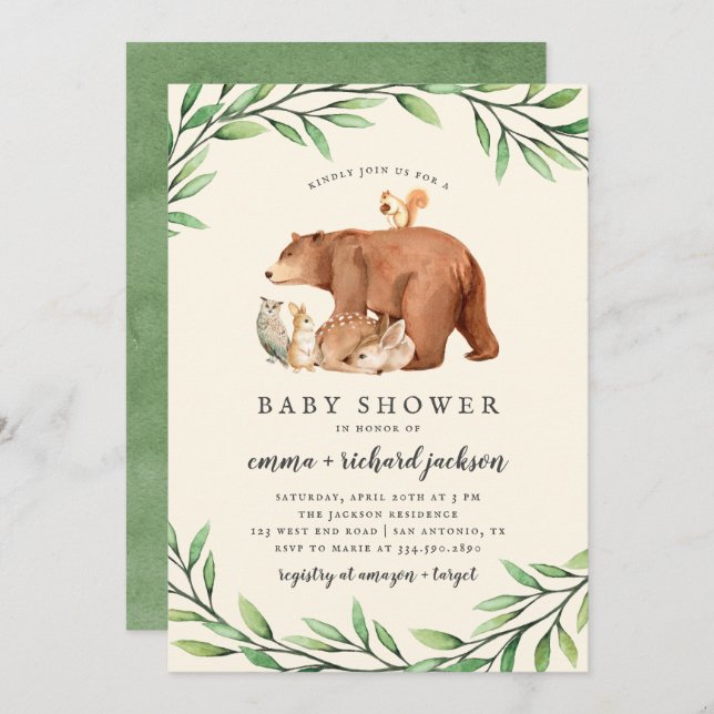 Cream Woodland Greenery Forest Animals Baby Shower Invitation (Front/Back)