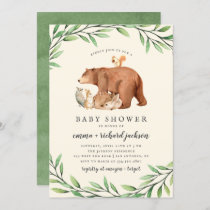 Cream Woodland Greenery Forest Animals Baby Shower Invitation