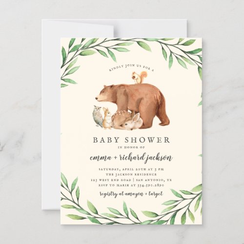 Cream Woodland Greenery Forest Animals Baby Shower Magnetic Invitation
