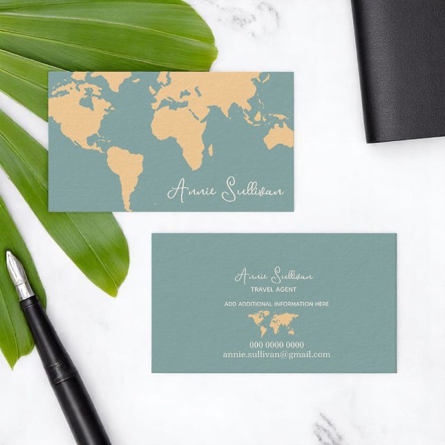 Cream World Map Oversized on Blue Business Card (Creator Uploaded)