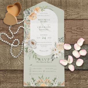 Cream & Yellow Boho Floral Sage Green Dinner All In One Invitation