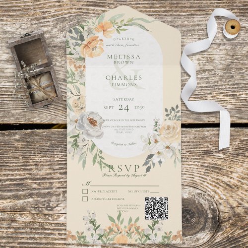 Cream  Yellow Boho Floral Yellow QR Code All In One Invitation