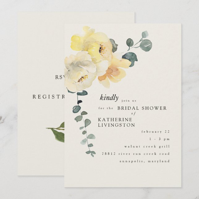 Cream Yellow Floral Elegant Bridal Shower  Invitation (Front/Back)