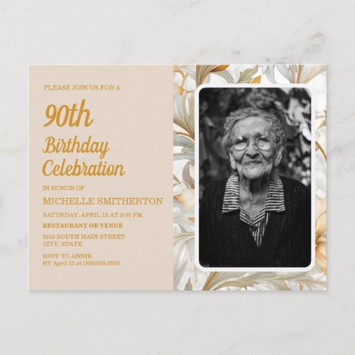 Cream Yellow Floral Womens 90th Birthday Phot Invitation Postcard