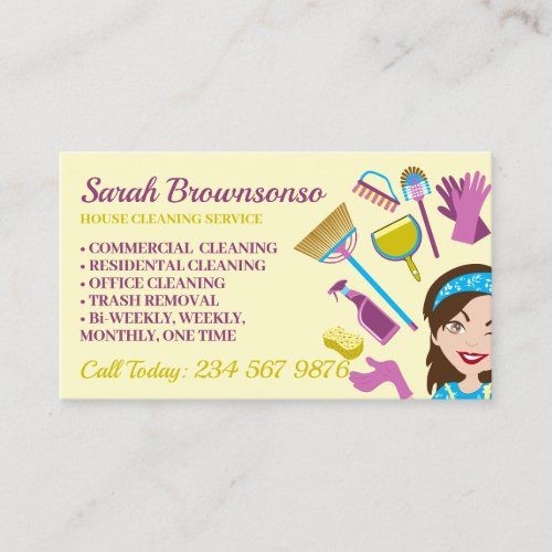 Cream Yellow Janitorial Lady House Cleaning Business Card