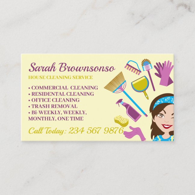 Cream Yellow Janitorial Lady House Cleaning Business Card