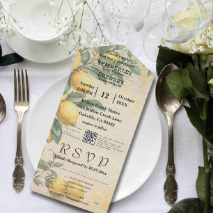Cream Yellow Lemon Green Botanical QR Code All In One Invitation