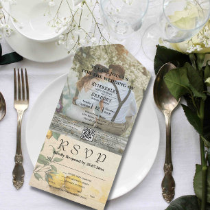 Cream Yellow Lemon Green Botanical QR Code All In One Invitation