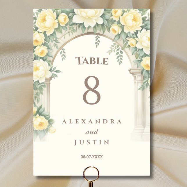 Cream Yellow Mediterranean Floral Arch Wedding  Table Number (Creator Uploaded)