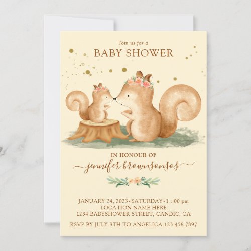 Cream Yellow Squirrel Family Mommy Baby Invitation