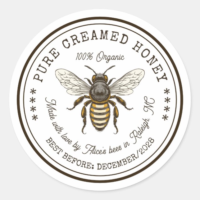Creamed honey canning sticker with vintage bee (Front)
