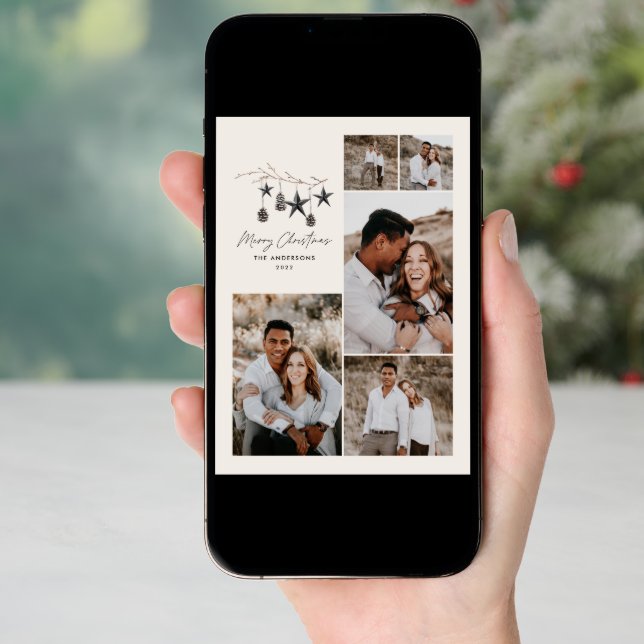 Creammodern elegant script Christmas multi photo Holiday Card (Front Digital)