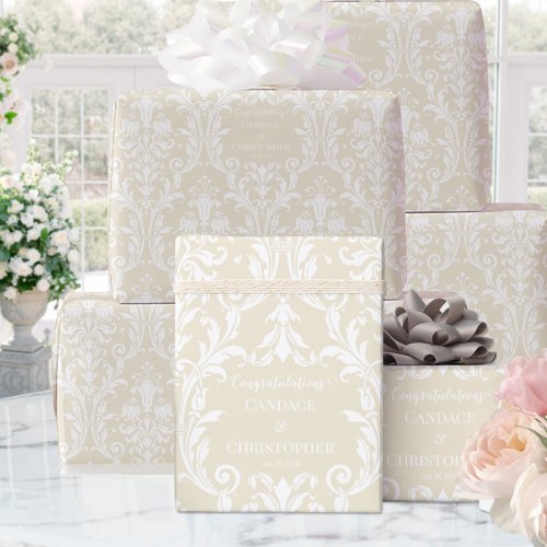 Creamy Almond White Damask Add Name Congratulation Wrapping Paper