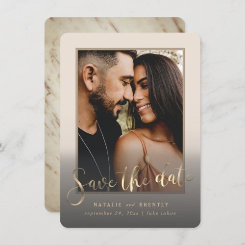 Creamy Beige Gold Script  Marble Photo Overlay Save The Date