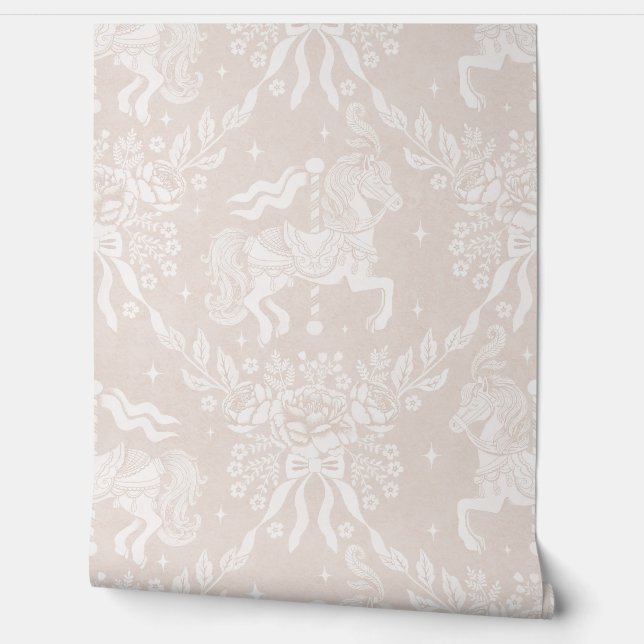 Creamy Beige Rococo Carousel Horses & Florals Wallpaper (Unrolling)