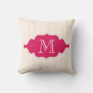 Creamy Beige Stripes  Pink  And White Monogram Throw Pillow