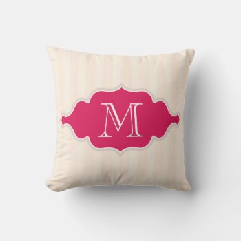 Creamy Beige Stripes  Pink  And White Monogram Throw Pillow by VintageDesignsShop at Zazzle