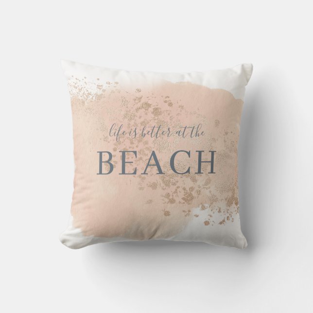 Creamy Blush Pink Blue and Gold Beach Outdoor Pillow (Front)