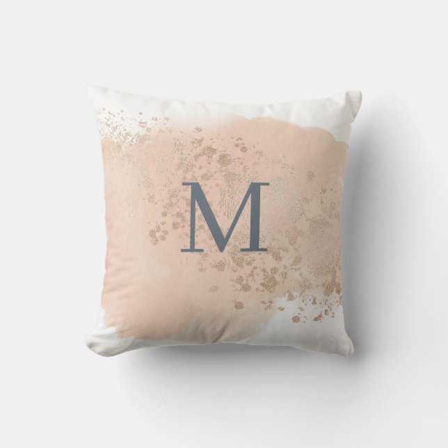 Creamy Blush Pink Blue and Gold Monogram Outdoor Pillow (Front)