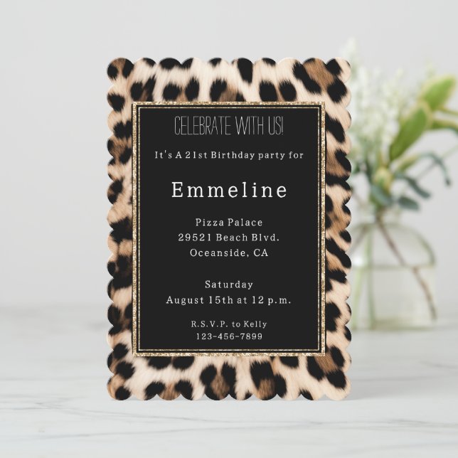 Creamy Brown Black Leopard Gold Glitter Invitation (Standing Front)