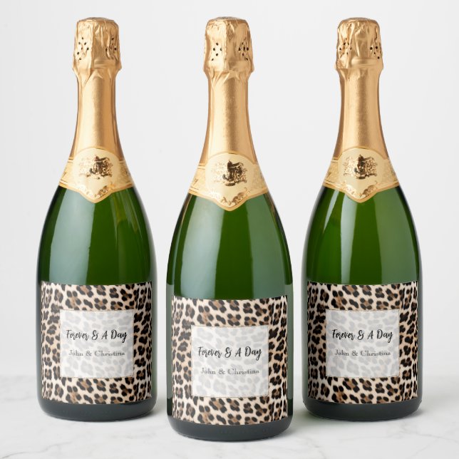 Creamy Brown Black Leopard Print Animal Wedding Sparkling Wine Label (Bottles)