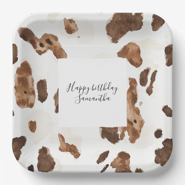 Creamy Brown Chocolate Cow Print Animal Birthday Paper Plates (Front)