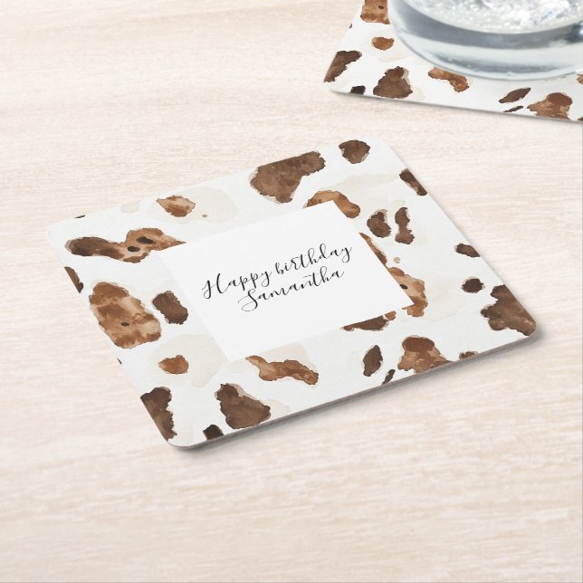 Creamy Brown Chocolate Cow Print Animal Birthday Square Paper Coaster (Angled)