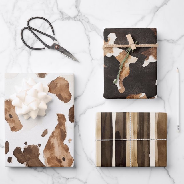 Creamy Brown Chocolate Cow Print Animal Birthday Wrapping Paper Sheets (Front)